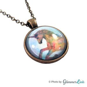 Unicorn Pendant Brass Tone Chain Necklace